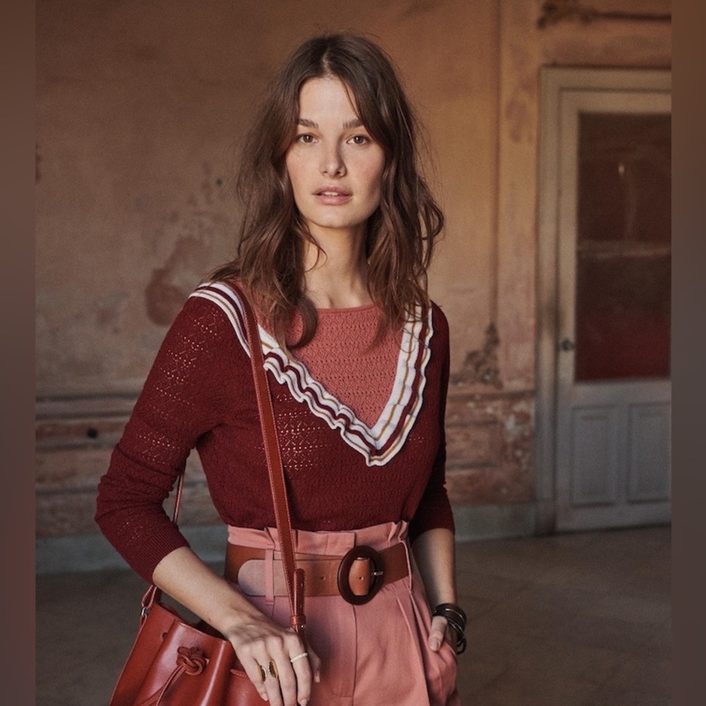 Sezane Mael Burgundy and Blush Sweater